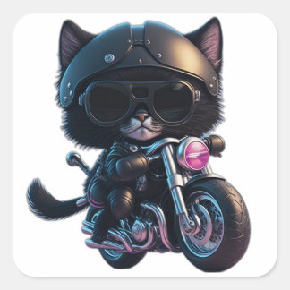 Sticker Carré Chat noir mignon chevauchant une moto