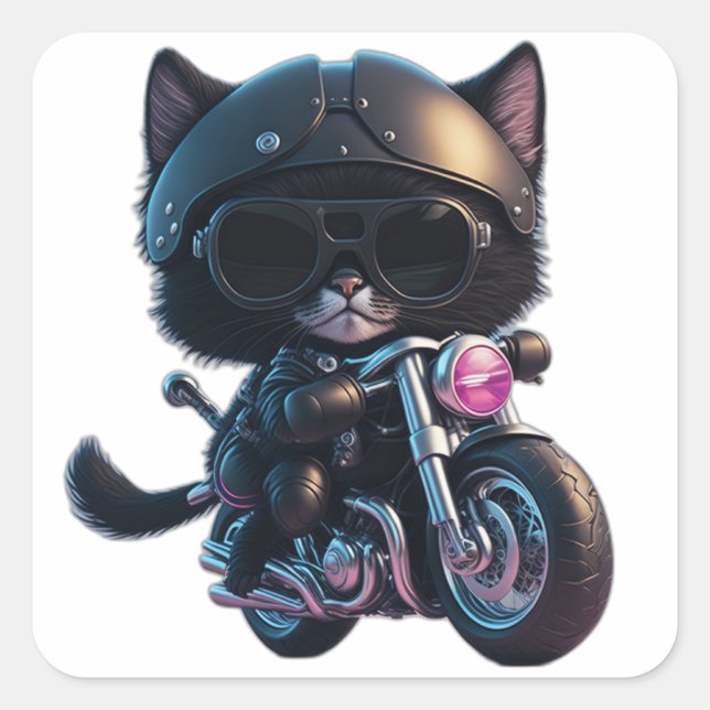 Sticker Carré Chat noir mignon chevauchant une moto (Devant)