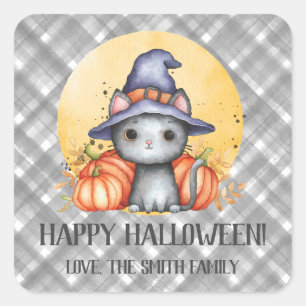 Sticker Carré Chat noir mignon Halloween heureux