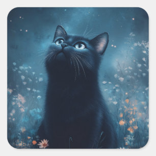 Sticker Carré Chat noir parmi les fleurs sauvages au clair de lu