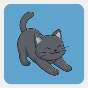 Sticker Carré Chat noir s'étirant sur fond bleu