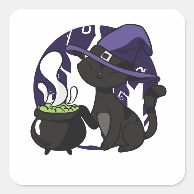 Sticker Carré Chat noir sorcière adorable (Devant)