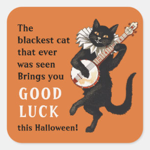 Sticker Carré Chat noir troubadour Bonne chance Halloween CC1163