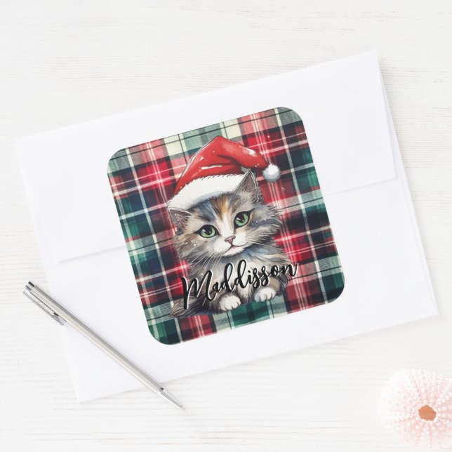 Sticker Carré Chat Père Noël Plaid De Noël Avec Nom (Enveloppe)