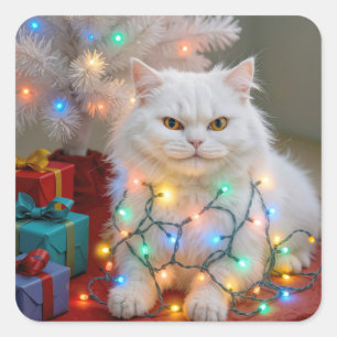 Sticker Carré Chat Persan de Noël empêtré dans les lumières de f