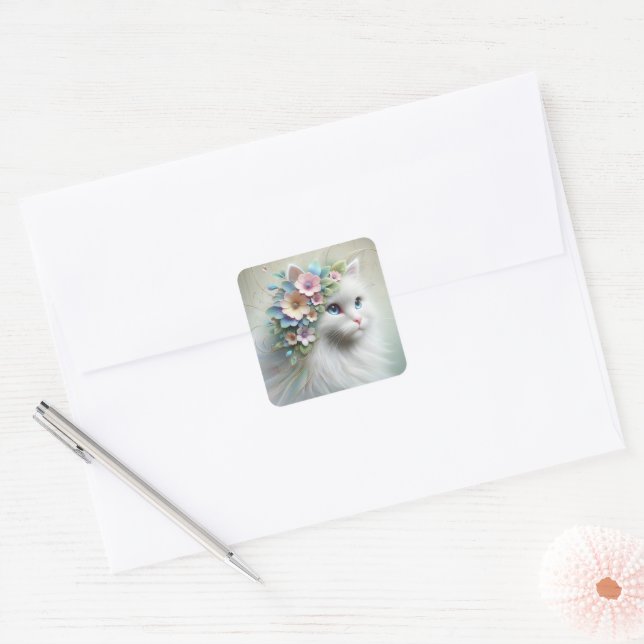 Sticker Carré Chat Perse Blanc Avec Laurel Floral (Enveloppe)