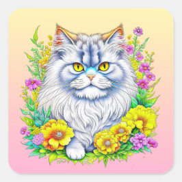 Sticker Carré Chat perse en Fleurs Jaunes et Roses
