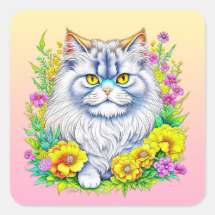 Sticker Carré Chat perse en Fleurs Jaunes et Roses