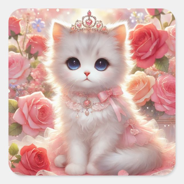 Sticker Carré Chat Princesse Rose (Devant)