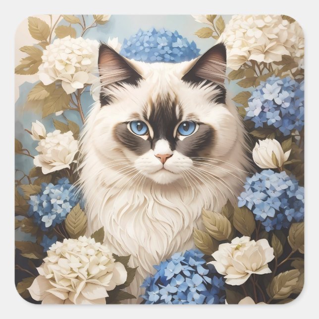 Sticker Carré Chat Ragdoll Avec Fleurs Bleues D'Hydrangée (Devant)