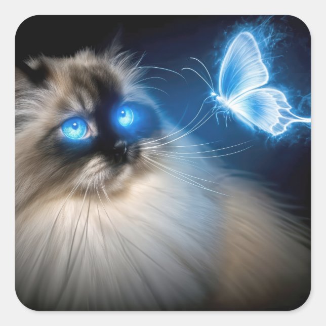 Sticker Carré Chat Ragdoll Avec Papillon Néon Bleu (Devant)