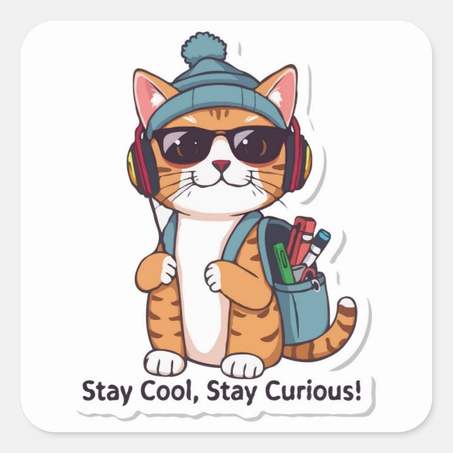 Sticker Carré Chat Retour À L'École - Restez Cool, Restez Curieu (Devant)
