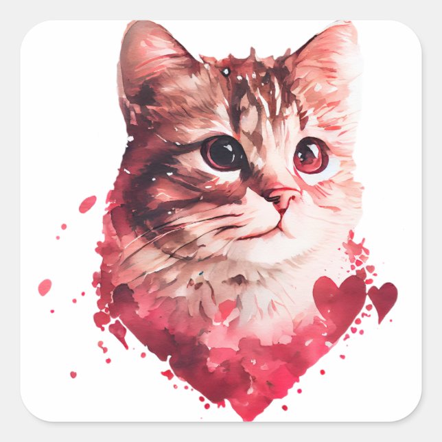 Sticker Carré Chat Saint-Valentin au cœur mignon (Devant)