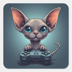 Sticker Carré Chat Sphynx tenant une manette de jeu
