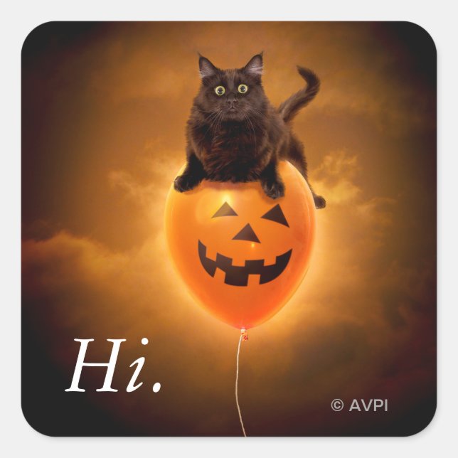 Sticker Carré Chat sur ballon d'Halloween (Devant)
