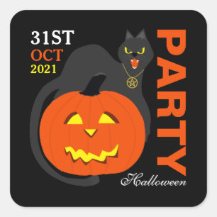 Sticker Carré Chat sur Citrouille, fête d'Halloween
