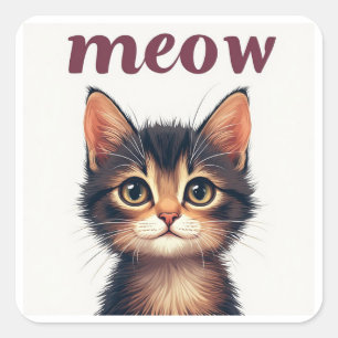 Sticker Carré Chat Tabby Adorable Avec Citation Meow Et Sourire 