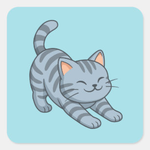 Sticker Carré Chat tabby gris étiré bleu