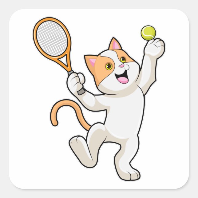Sticker Carré Chat Tennis avec raquette de tennis (Devant)