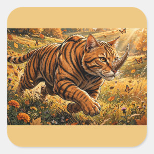 Sticker Carré Chat Tigre Fantastique – Aventure Automnale Dorée