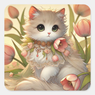 Sticker Carré Chat Tulipe au printemps