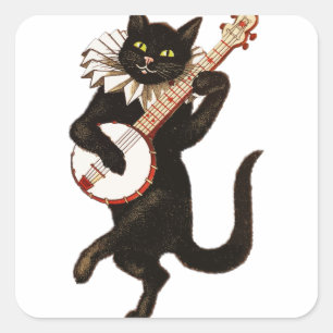 Sticker Carré Chat vintage jouant le banjo