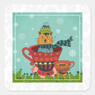 Sticker Carré Chat Whimsical assis dans un thé Noël