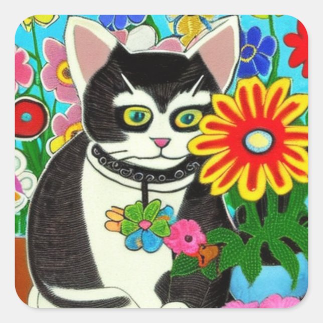 Sticker Carré Chat Whimsical avec Flower Folk Art (Devant)