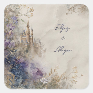 Sticker Carré Château Élégant Violet Aquarelle Éthérée Mariage