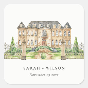 Sticker Carré Château Manoir de Jardin Élégant Mariage Aquarelle