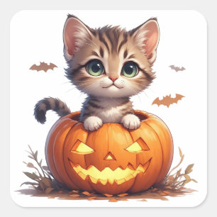 Sticker Carré Chaton à l'intérieur d'une citrouille Halloween 🎃