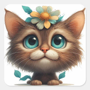 Sticker Carré Chaton Adorable Avec Fleurs💖