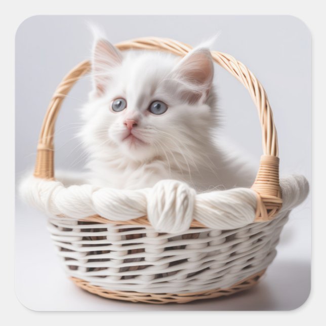 Sticker Carré Chaton blanc dans une panier (Devant)