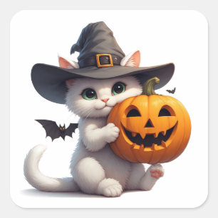Sticker Carré Chaton blanc d'Halloween Citrouille Jack O Lantern