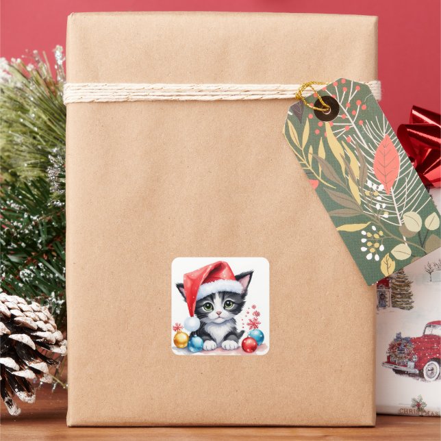 Sticker Carré Chaton Blanc Noir À Santa Hat Joyeux Noël (vacances)