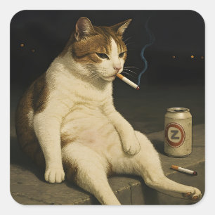 Sticker Carré Chaton Cigarette Drôle Chat Qui Fume Mème Générati