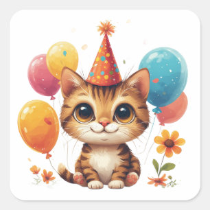 Sticker Carré Chaton d'anniversaire avec ballons et fleurs Migno