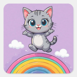 Sticker Carré Chaton de dessin animé adorable sautant joyeusemen