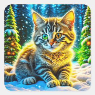 Sticker Carré Chaton de Noël Jouer dans la neige