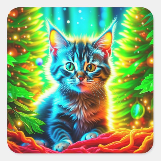 Sticker Carré Chaton gris mignon avec arbres de Noël (Devant)