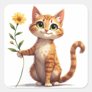 Sticker Carré Chaton heureux tenant une fleur jaune 🌺