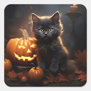 Sticker Carré Chaton noir et citrouille, feuilles d'automne