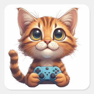 Sticker Carré Chaton orange tenant une manette de jeu Chat joueu