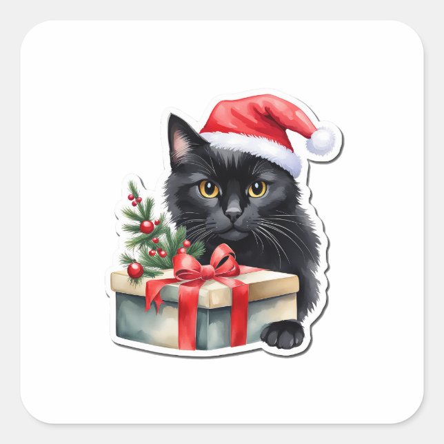 Sticker Carré Chaton Père Noël noir timide avec cadeau (Devant)