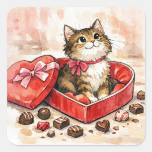 Sticker Carré Chaton tigré assis dans une boîte de bonbons
