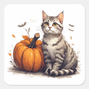 Sticker Carré Chaton tigré mignon avec citrouille Halloween 🎃