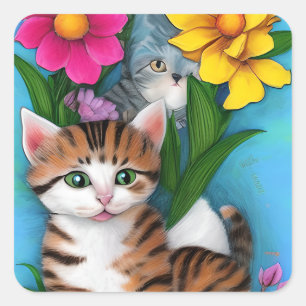 Sticker Carré Chatons et fleurs d'art populaire