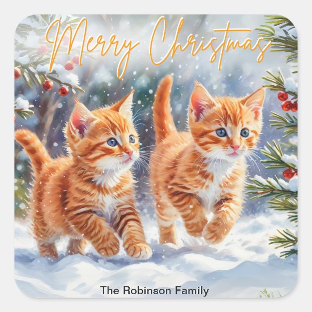 Sticker Carré Chatons Gingembre Cute Chats En Neige Joyeux Noël (Devant)
