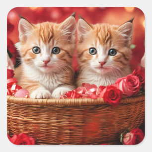 Sticker Carré Chatons mignons dans un panier de paille