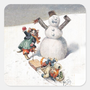 Sticker Carré Chats d'Arthur Thiele jouant dans la neige
